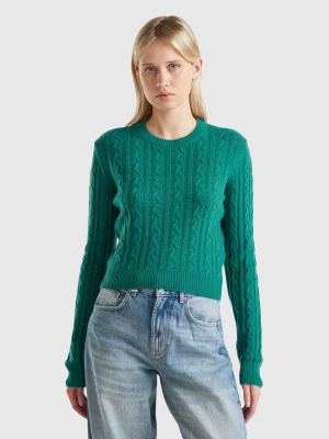 Benetton, Cropped Sweater With Cable Knit And Perforations, size L, Dark Green, Women United Colors of Benetton