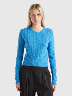 Benetton, Cropped Sweater With Cable Knit And Perforations, size L, Light Blue, Women United Colors of Benetton