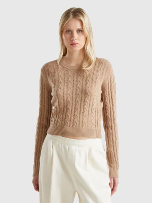 Benetton, Cropped Sweater With Cable Knit And Perforations, size M, Camel, Women United Colors of Benetton