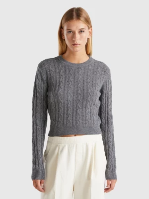 Benetton, Cropped Sweater With Cable Knit And Perforations, size M, Dark Gray, Women United Colors of Benetton