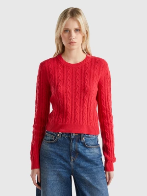 Benetton, Cropped Sweater With Cable Knit And Perforations, size XL, Red, Women United Colors of Benetton