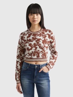 Benetton, Cropped Sweater With Horses, size XS, Brown, Women United Colors of Benetton
