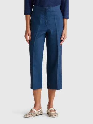 Benetton, Cropped Sweatpants In Pure Linen, size , Air Force Blue, Women United Colors of Benetton
