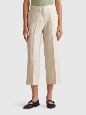 Benetton, Cropped Sweatpants In Pure Linen, size , Beige, Women United Colors of Benetton