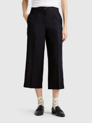 Benetton, Cropped Sweatpants In Pure Linen, size , Black, Women United Colors of Benetton