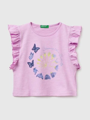 Benetton, Cropped T-shirt With Print And Embroidery, Size: 116, Lilac, Kids United Colors of Benetton