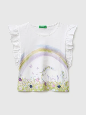 Benetton, Cropped T-shirt With Print And Embroidery, Size: 116, White, Kids United Colors of Benetton