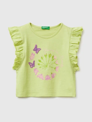 Benetton, Cropped T-shirt With Print And Embroidery, Size: 116, Lime, Kids United Colors of Benetton