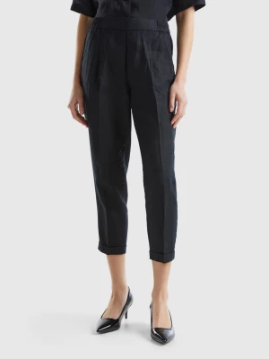 Benetton, Cropped Trousers In 100% Linen, size L, Black, Women United Colors of Benetton