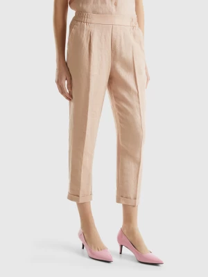 Benetton, Cropped Trousers In 100% Linen, size L, Nude, Women United Colors of Benetton