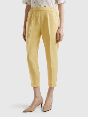 Benetton, Cropped Trousers In 100% Linen, size L, Yellow, Women United Colors of Benetton