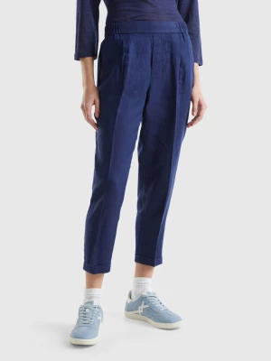 Benetton, Cropped Trousers In 100% Linen, size S, Dark Blue, Women United Colors of Benetton