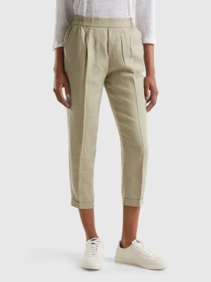 Benetton, Cropped Trousers In 100% Linen, size S, Light Green, Women United Colors of Benetton