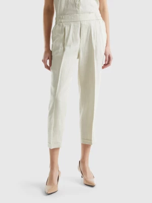 Benetton, Cropped Trousers In 100% Linen, size XL, Beige, Women United Colors of Benetton