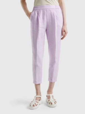 Benetton, Cropped Trousers In 100% Linen, size XL, Lilac, Women United Colors of Benetton