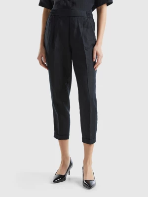 Benetton, Cropped Trousers In 100% Linen, size XS, Black, Women United Colors of Benetton