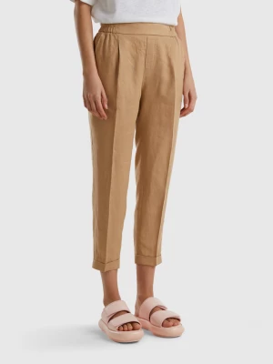 Benetton, Cropped Trousers In 100% Linen, size XS, Camel, Women United Colors of Benetton