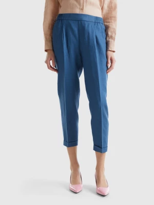 Benetton, Cropped Trousers In 100% Linen, size XXS, Air Force Blue, Women United Colors of Benetton