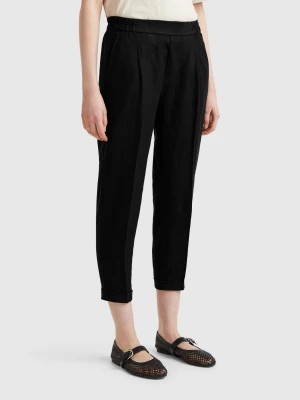 Benetton, Cropped Trousers In 100% Linen, size XXS, Black, Women United Colors of Benetton