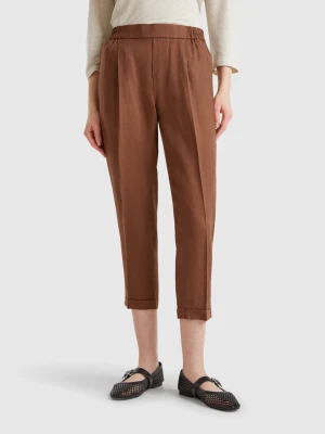 Benetton, Cropped Trousers In 100% Linen, size XXS, Brown, Women United Colors of Benetton