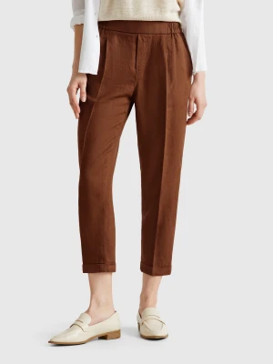 Benetton, Cropped Trousers In 100% Linen, size XXS, Brown, Women United Colors of Benetton