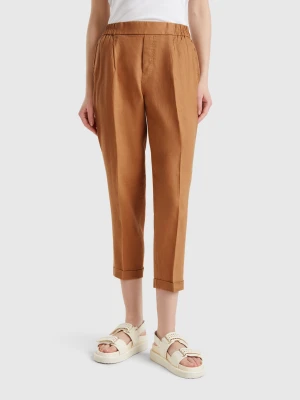 Benetton, Cropped Trousers In 100% Linen, size XXS, Camel, Women United Colors of Benetton