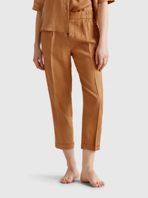 Benetton, Cropped Trousers In 100% Linen, size XL, Camel, Women United Colors of Benetton