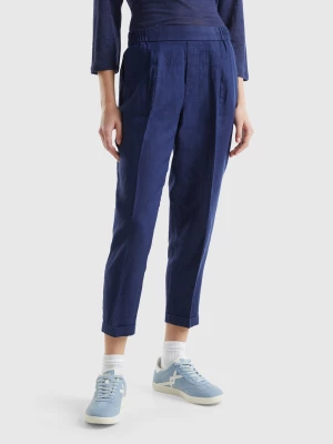 Benetton, Cropped Trousers In 100% Linen, size XXS, Dark Blue, Women United Colors of Benetton