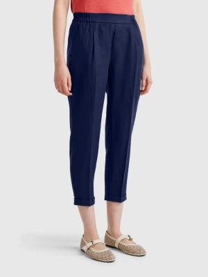 Benetton, Cropped Trousers In 100% Linen, size XXS, Dark Blue, Women United Colors of Benetton