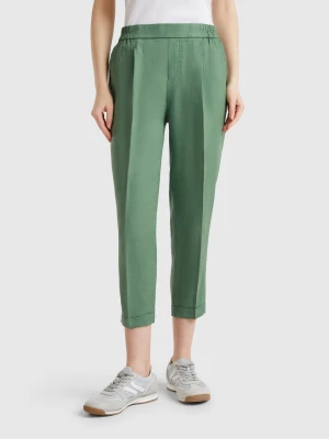 Benetton, Cropped Trousers In 100% Linen, size XXS, Green, Women United Colors of Benetton