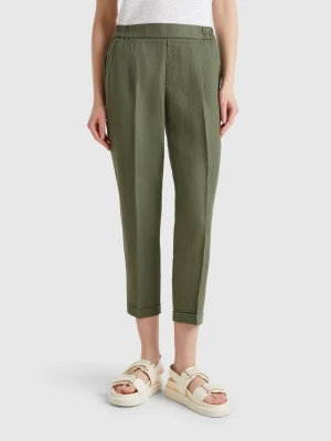 Benetton, Cropped Trousers In 100% Linen, size XXS, Military Green, Women United Colors of Benetton