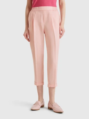 Benetton, Cropped Trousers In 100% Linen, size XXS, Soft Pink, Women United Colors of Benetton