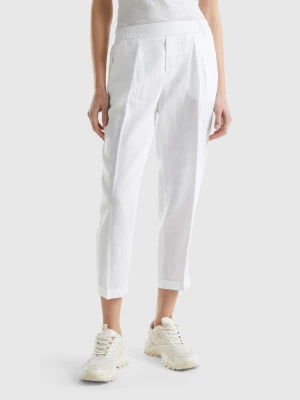 Benetton, Cropped Trousers In 100% Linen, size XXS, White, Women United Colors of Benetton