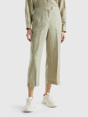 Benetton, Cropped Trousers In Pure Linen, size , Light Green, Women United Colors of Benetton