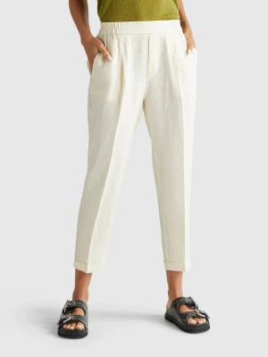 Benetton, Cropped Trousers In Pure Linen, Size: XS, Creamy White, Women United Colors of Benetton