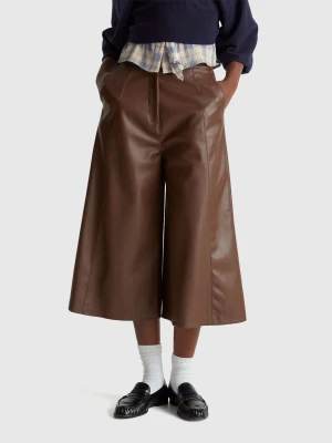 Benetton, Wide 3/4 Trousers In Imitation Leather, Dark Brown, Women United Colors of Benetton