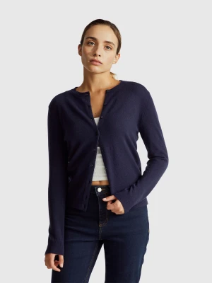 Benetton, Dark Blue Crew Neck Cardigan In Pure Merino Wool, Size: XXS, Dark Blue, Women United Colors of Benetton