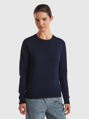 Benetton, Dark Blue Crew Neck Sweater In Merino Wool, size L, Dark Blue, Women United Colors of Benetton