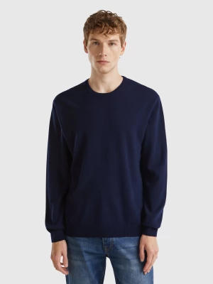 Benetton, Dark Blue Crew Neck Sweater In Pure Merino Wool, size L, Dark Blue, Men United Colors of Benetton