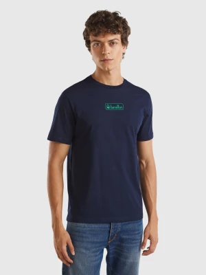 Benetton, Dark Blue Organic Cotton T-shirt With Green Logo, size L, Dark Blue, Men United Colors of Benetton