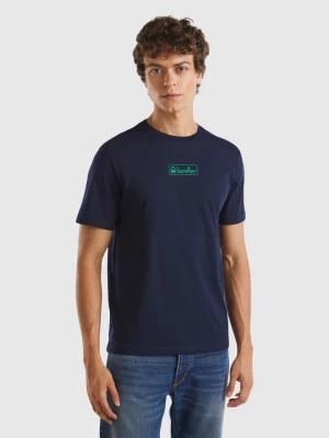 Benetton, Dark Blue Organic Cotton T-shirt With Green Logo, size XS, Dark Blue, Men United Colors of Benetton