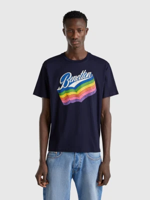 Benetton, Dark Blue Cotton T-shirt With Multicolor Logo, size XS, Dark Blue, Men United Colors of Benetton