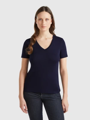 Benetton, Dark Blue Pure Cotton T-shirt With V-neck, size XXS, Dark Blue, Women United Colors of Benetton