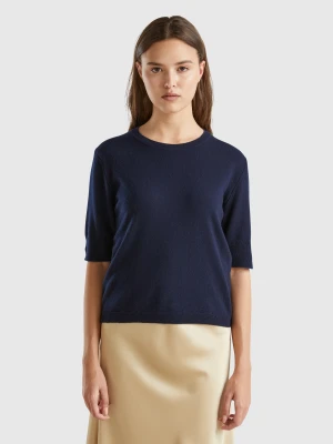 Benetton, Dark Blue Short Sleeve Sweater In Pure Merino Wool, size XS, Dark Blue, Women United Colors of Benetton