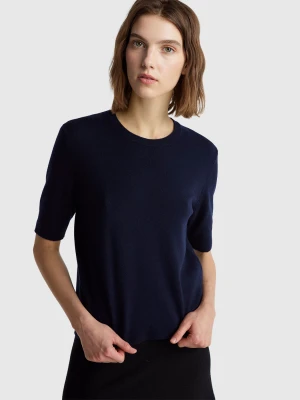 Benetton, Dark Blue Short Sleeve Sweater In Pure Merino Wool, Size: XXS, Dark Blue, Women United Colors of Benetton
