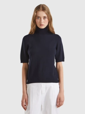 Benetton, Dark Blue Short Sleeve Turtleneck In Cashmere Blend, size L, Dark Blue, Women United Colors of Benetton