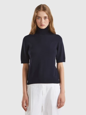 Benetton, Dark Blue Short Sleeve Turtleneck In Cashmere Blend, size S, Dark Blue, Women United Colors of Benetton