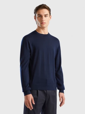 Benetton, Dark Blue Sweater In Pure Merino Wool, size L, Dark Blue, Men United Colors of Benetton