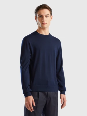 Benetton, Dark Blue Sweater In Pure Merino Wool, size L, Dark Blue, Men United Colors of Benetton