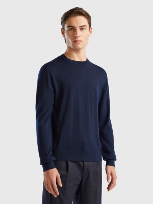 Benetton, Dark Blue Sweater In Pure Merino Wool, size XS, Dark Blue, Men United Colors of Benetton